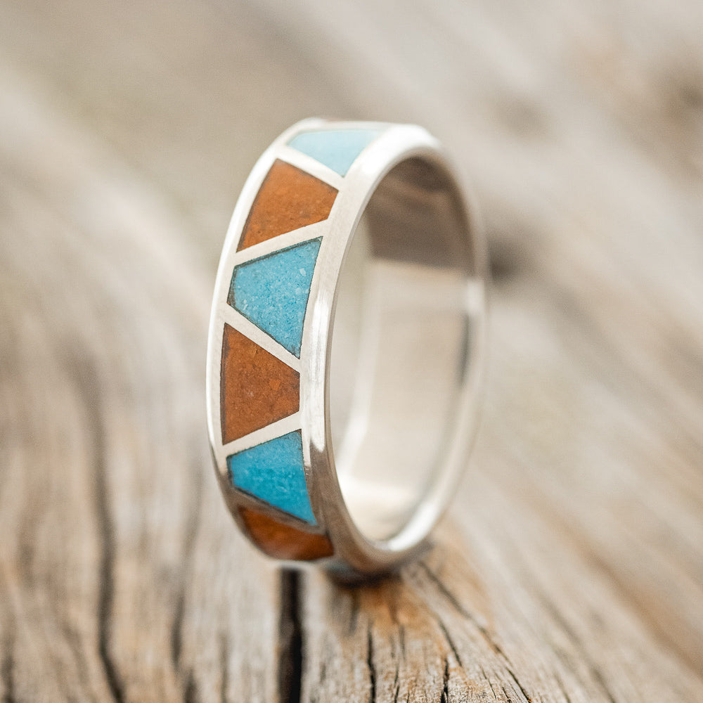 "POWELL" - MATCHING SET OF TERRACOTTA & TURQUOISE WEDDING BANDS-5