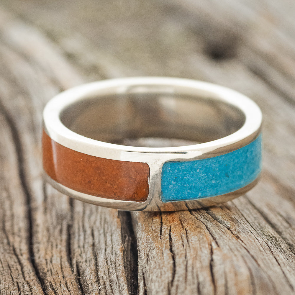 "JANUS" - TERRACOTTA & TURQUOISE SPLIT WEDDING BAND-3