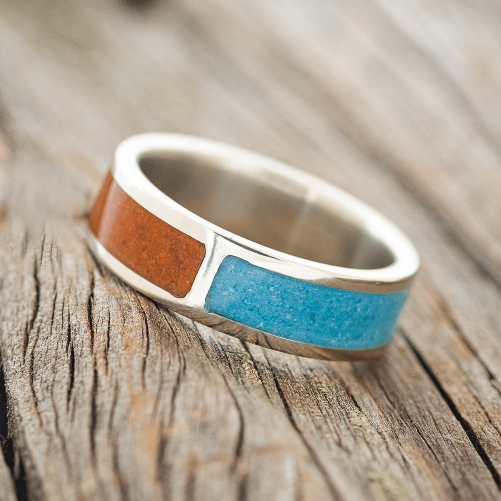 "JANUS" - TERRACOTTA & TURQUOISE SPLIT WEDDING BAND-2