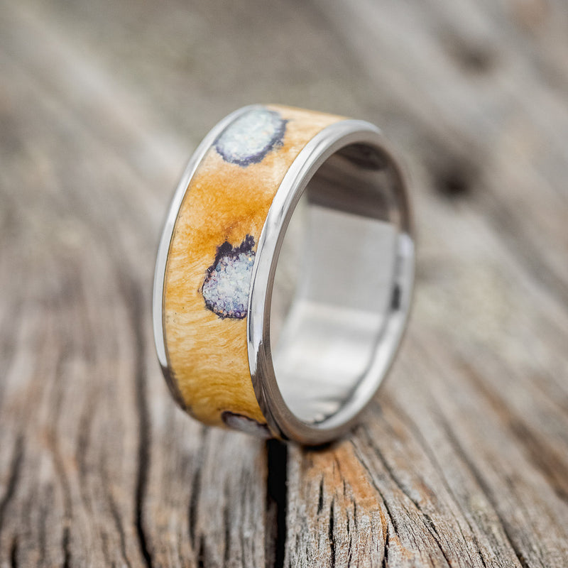 "RAINIER" - BUCKEYE BURL WOOD WITH FIRE & ICE OPAL WEDDING BAND - READY TO SHIP-1