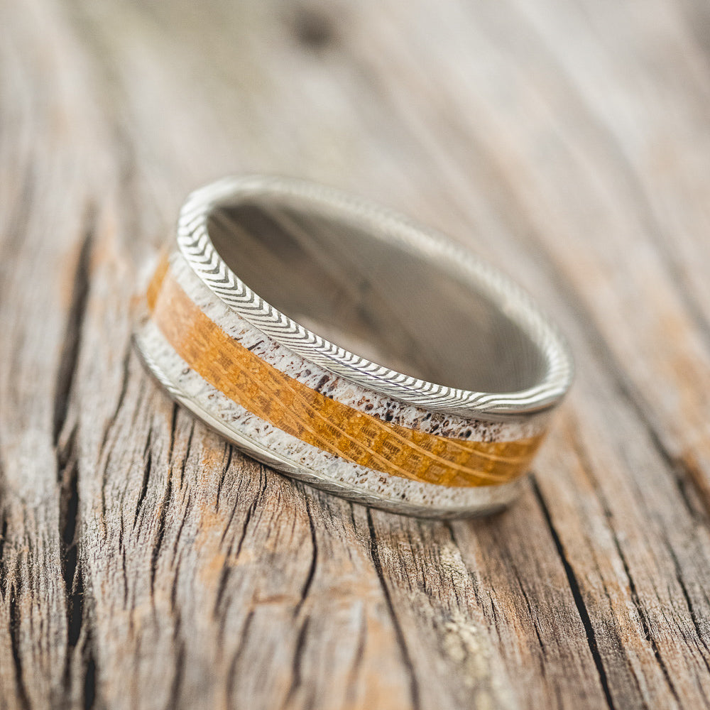 "RAINIER" - ANTLER & WHISKEY BARREL OAK WEDDING BAND - READY TO SHIP-2
