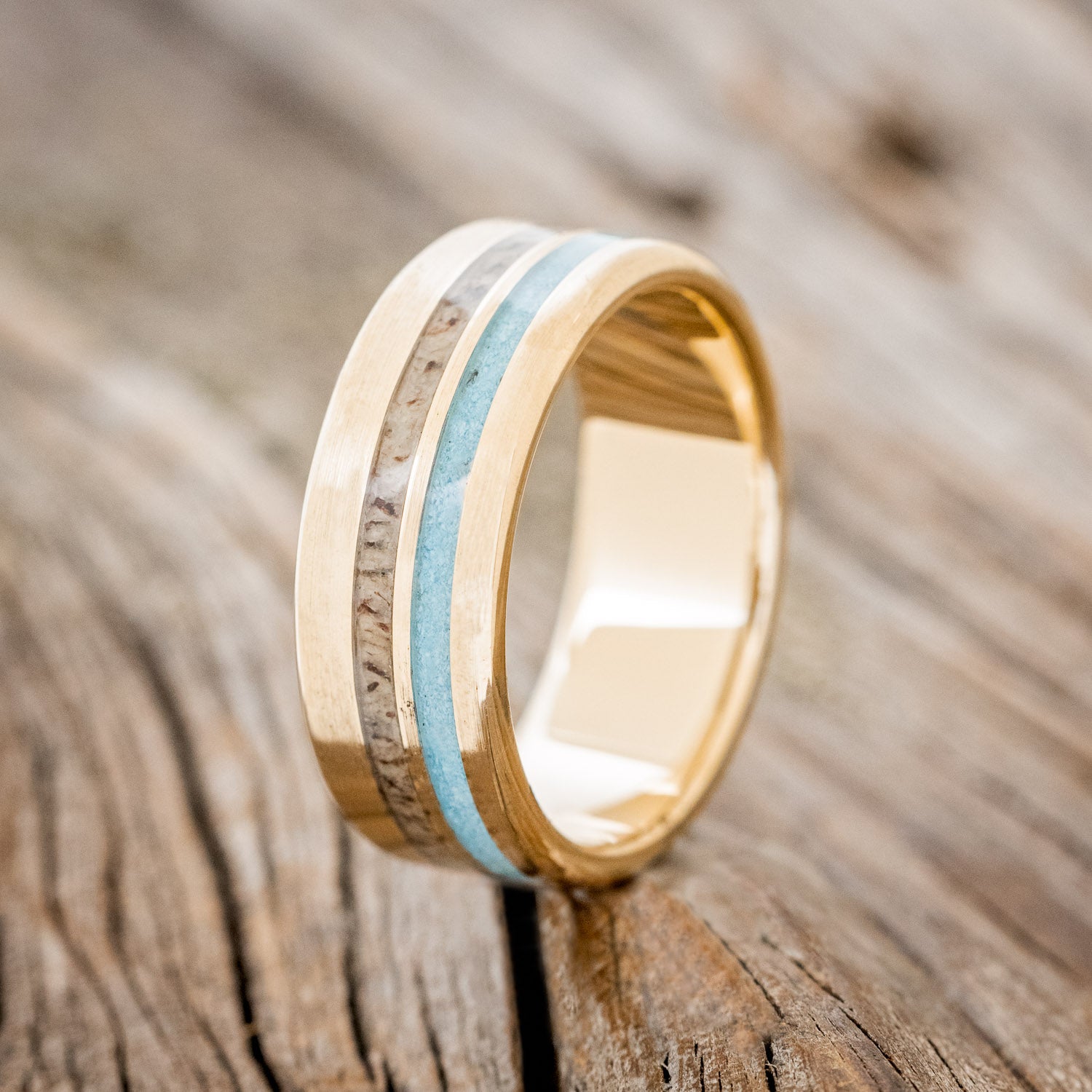 "COSMO" - TURQUOISE & ANTLER WEDDING RING WITH A BRUSHED 14K GOLD BAND-4