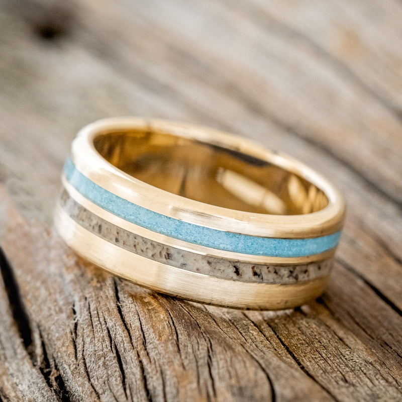 "COSMO" - TURQUOISE & ANTLER WEDDING RING WITH A BRUSHED 14K GOLD BAND-5