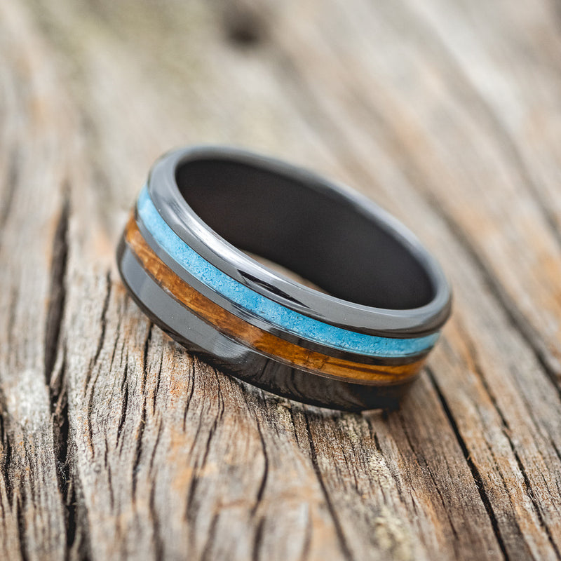 "COSMO" - WHISKEY BARREL OAK & TURQUOISE WEDDING BAND - READY TO SHIP-5