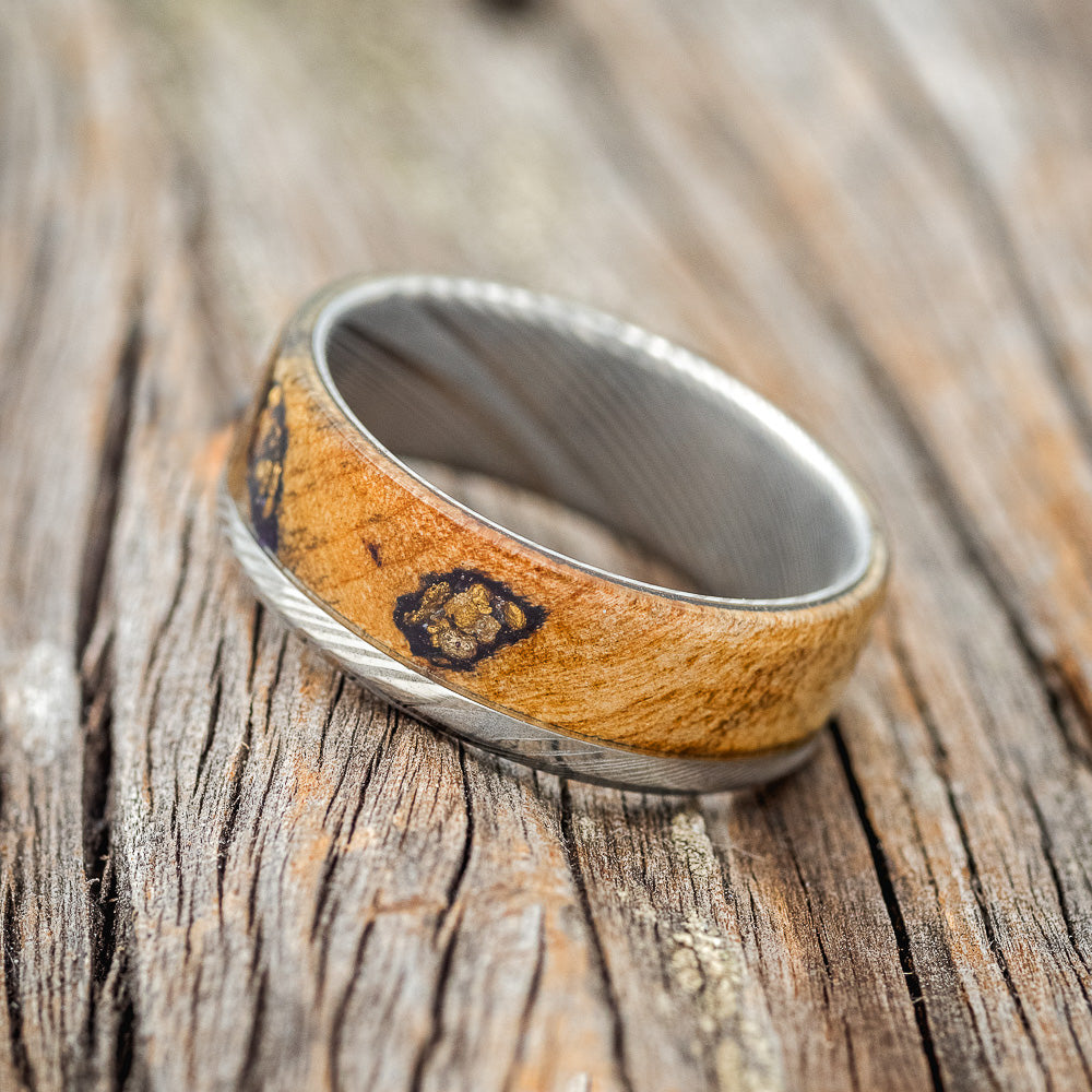 "EZRA" - BUCKEYE BURL WOOD & GOLD NUGGET WEDDING BAND-2