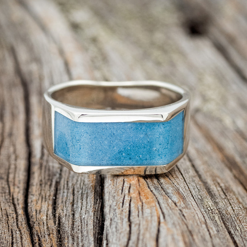 "LOMA" - FLAT TOP TURQUOISE WEDDING RING FEATURING A 14K GOLD BAND
