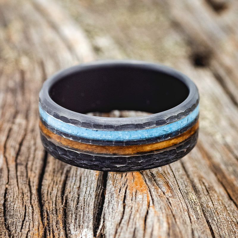 "COSMO" - WHISKEY BARREL OAK & TURQUOISE WEDDING RING FEATURING A HAMMERED BAND-6