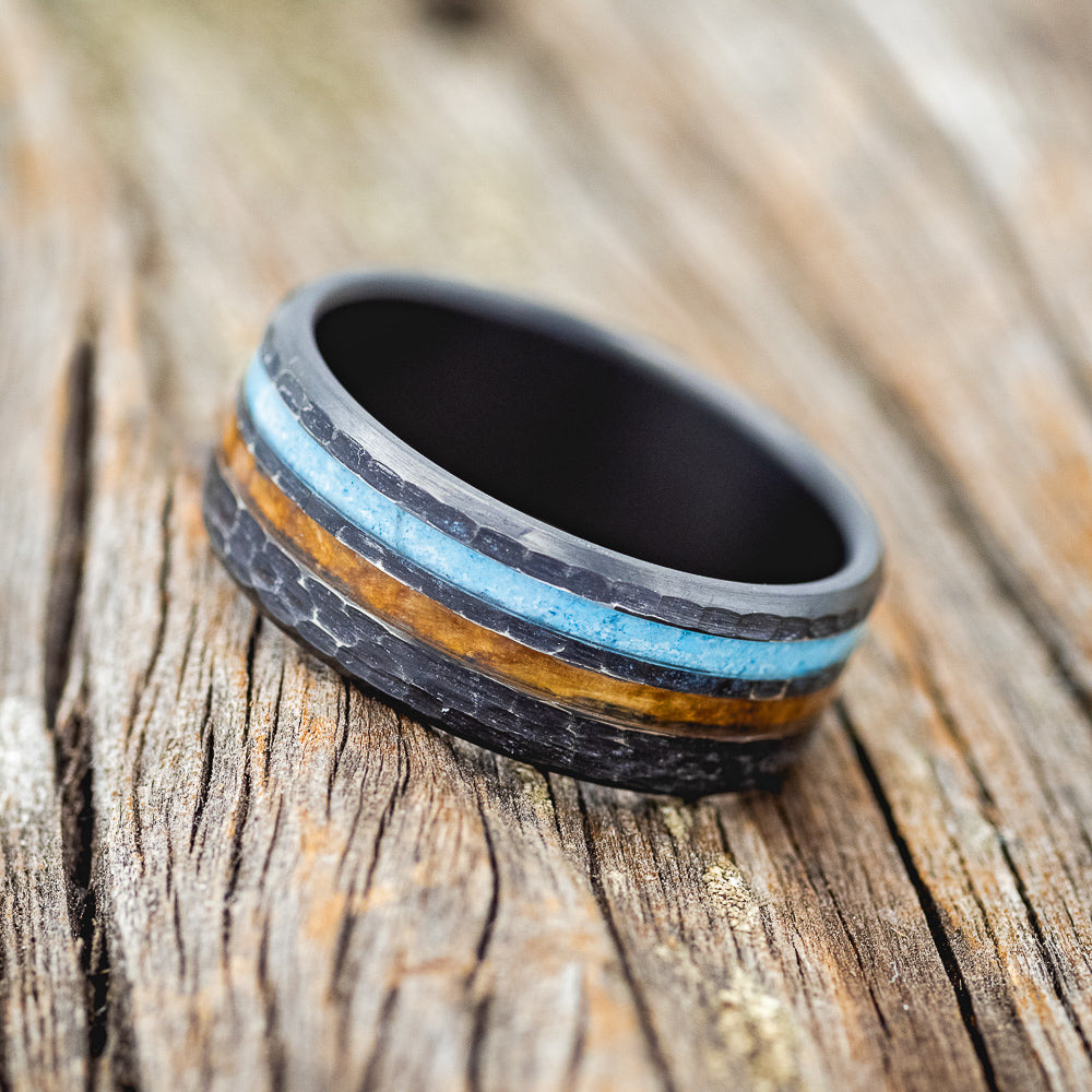 "COSMO" - WHISKEY BARREL OAK & TURQUOISE WEDDING RING FEATURING A HAMMERED BAND-5