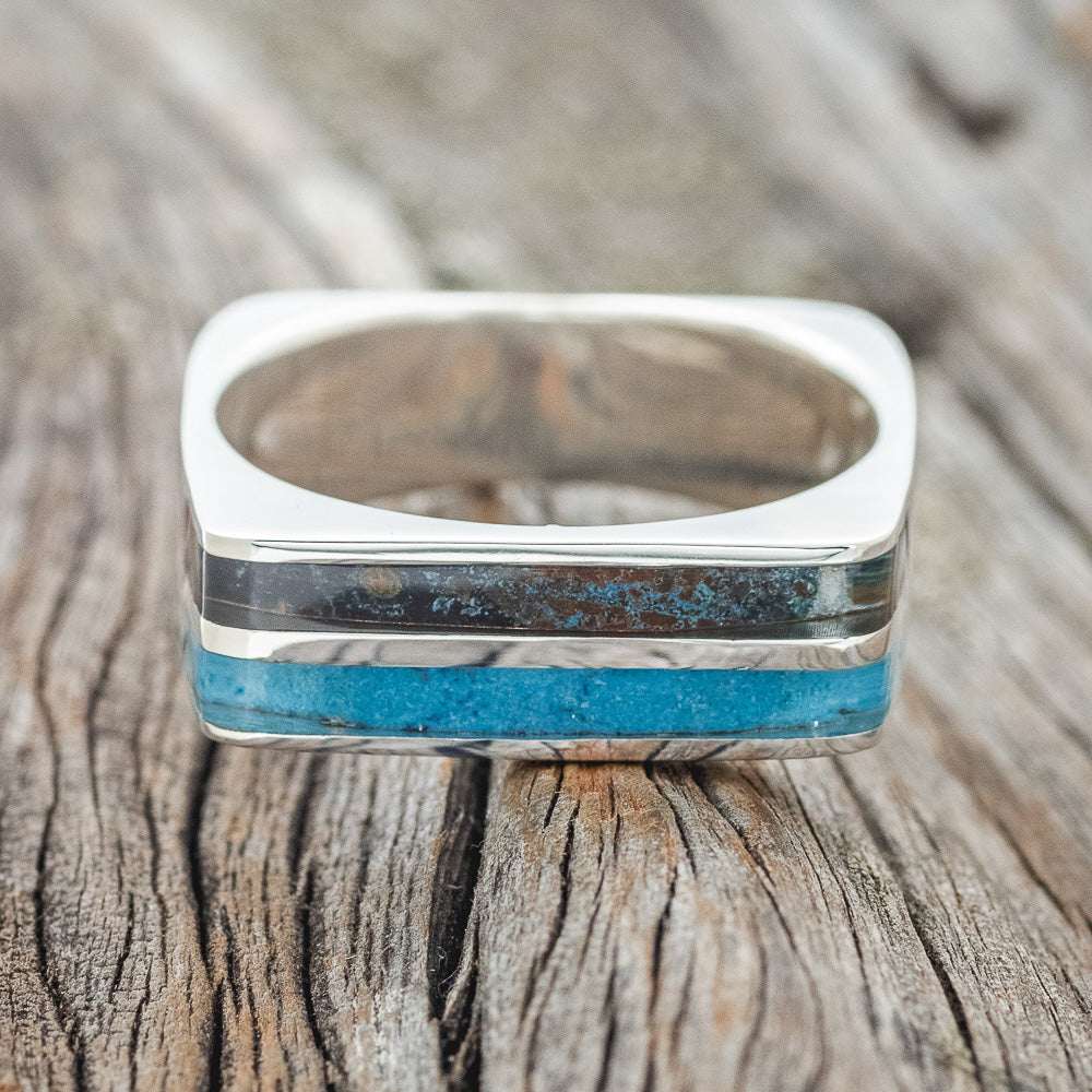 "VEGA" - FLAT TOP WEDDING BAND WITH TURQUOISE & PATINA COPPER INLAYS-3