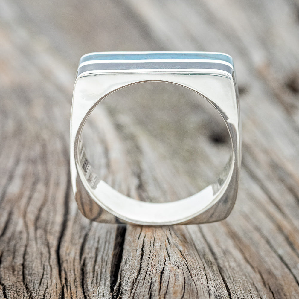 "VEGA" - FLAT TOP WEDDING BAND WITH TURQUOISE & PATINA COPPER INLAYS-4