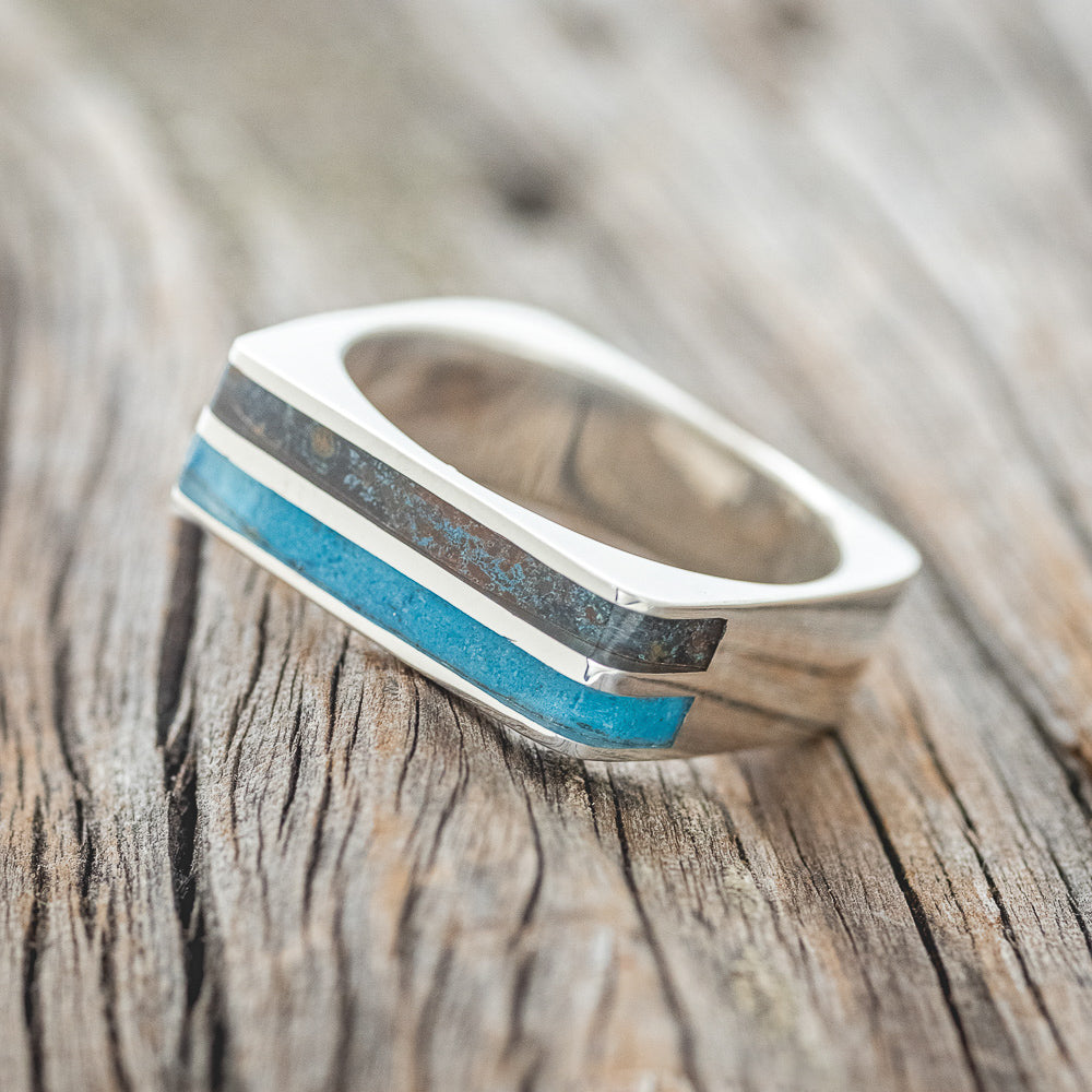 "VEGA" - FLAT TOP WEDDING BAND WITH TURQUOISE & PATINA COPPER INLAYS-2