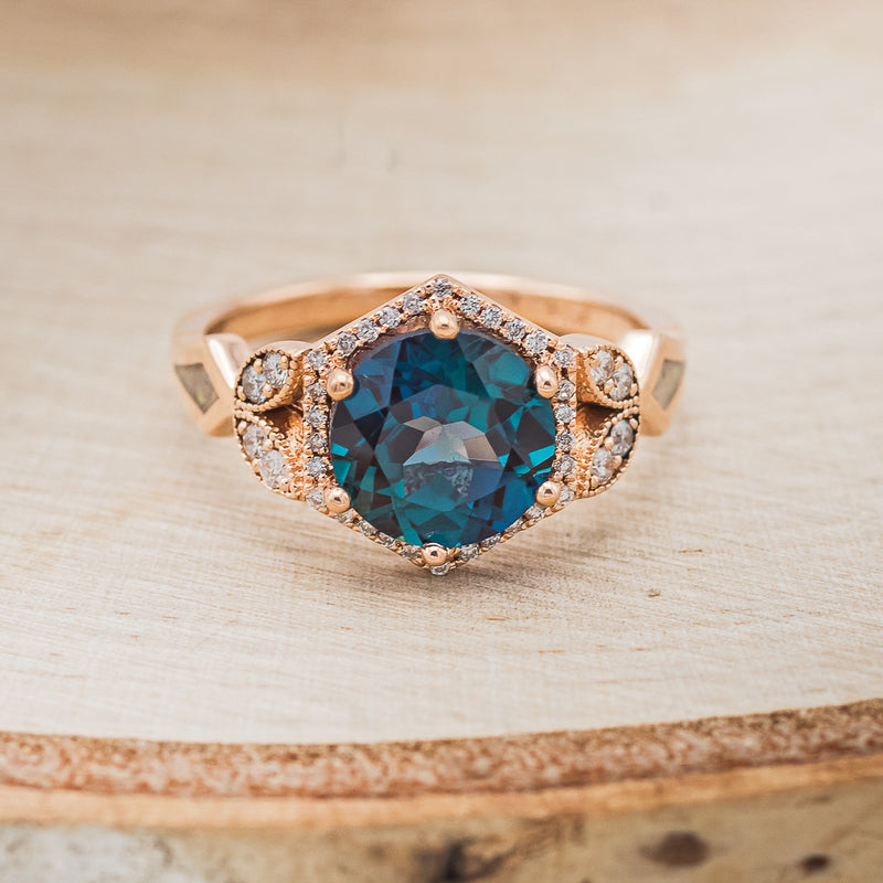 "LUCY IN THE SKY" - ROUND CUT LAB-GROWN ALEXANDRITE ENGAGEMENT RING WITH DIAMOND ACCENTS & FIRE AND ICE OPAL INLAYS