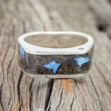 "MESA" - FLAT TOP WEDDING BAND FEATURING BUCKEYE BURL WOOD & TURQUOISE INLAYS WITH SIDE SET BLACK DIAMOND-3