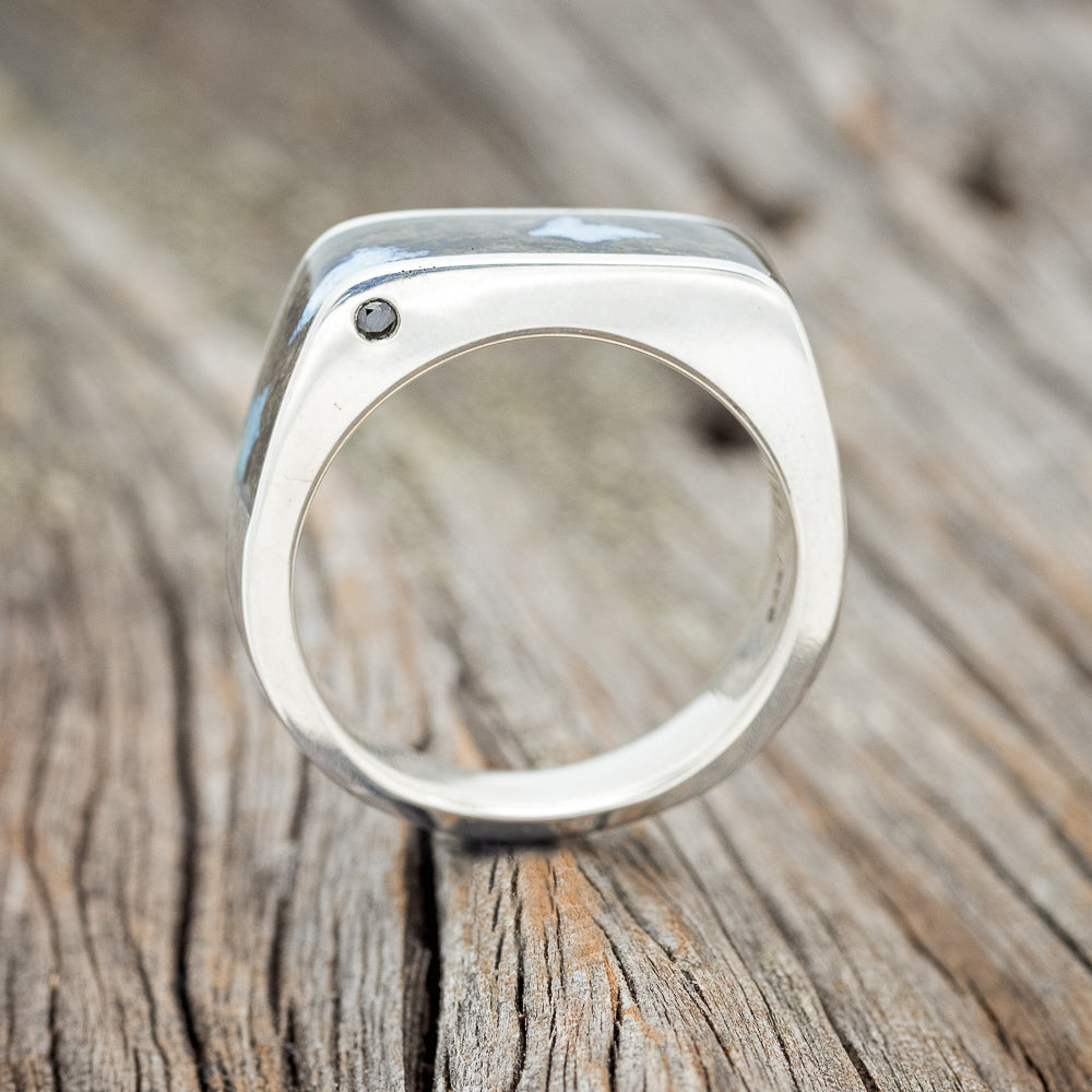 "MESA" - FLAT TOP WEDDING BAND FEATURING BUCKEYE BURL WOOD & TURQUOISE INLAYS WITH SIDE SET BLACK DIAMOND-4