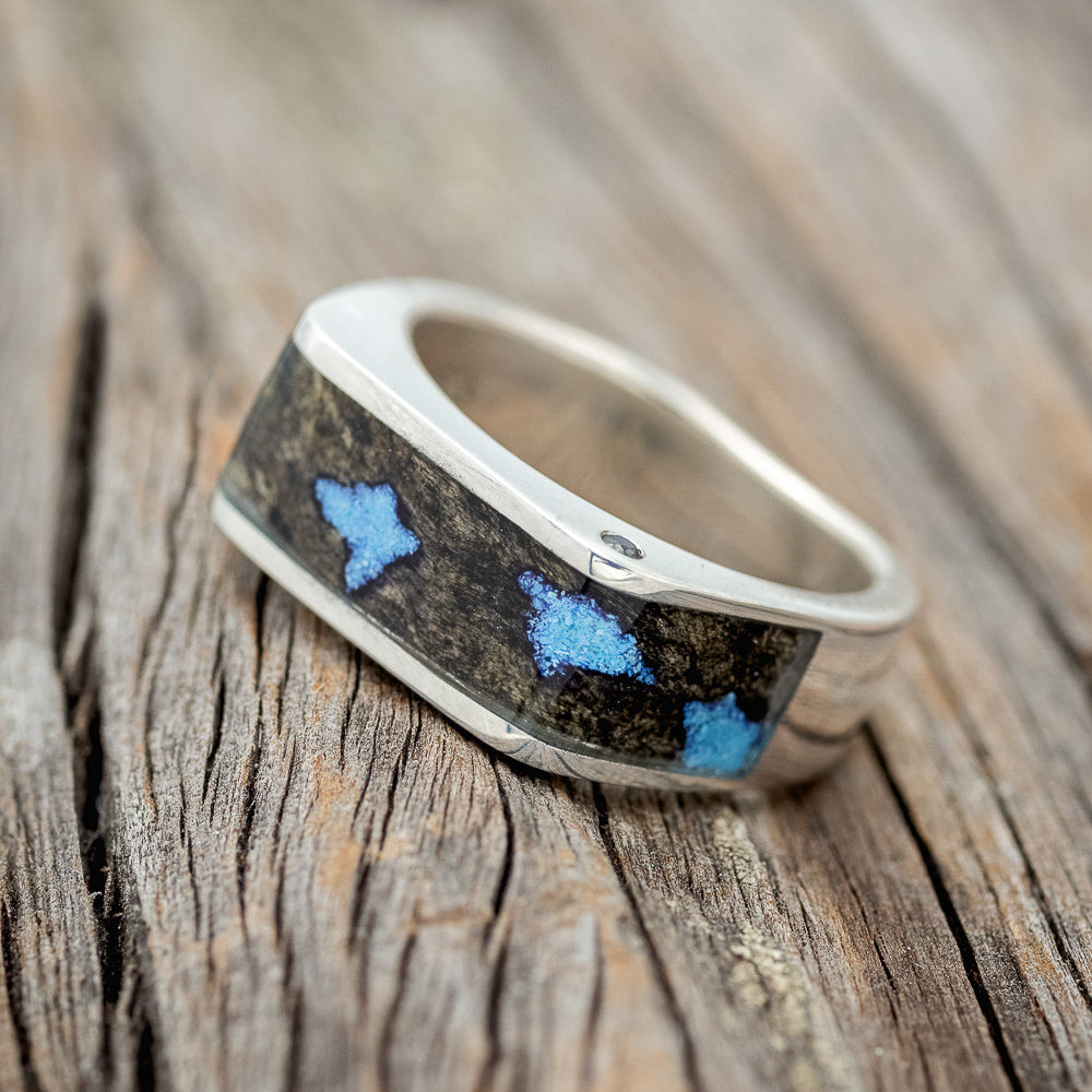 "MESA" - FLAT TOP WEDDING BAND FEATURING BUCKEYE BURL WOOD & TURQUOISE INLAYS WITH SIDE SET BLACK DIAMOND-2