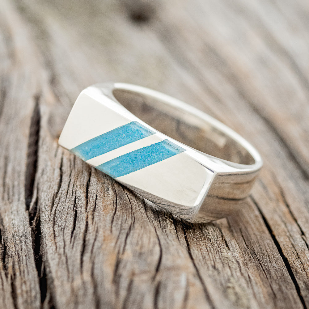 "TWAIN" - FLAT TOP WEDDING RING FEATURING DIAGONAL TURQUOISE INLAYS-2