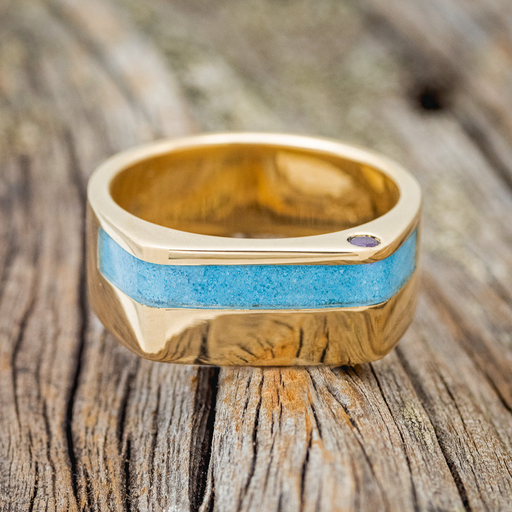 "MOSI" - FLAT TOP WEDDING BAND WITH A TURQUOISE INLAY & SIDE SET AMETHYST ACCENTS-3