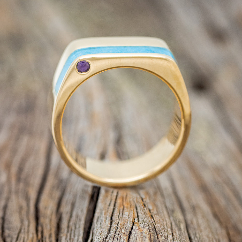 "MOSI" - FLAT TOP WEDDING BAND WITH A TURQUOISE INLAY & SIDE SET AMETHYST ACCENTS-4