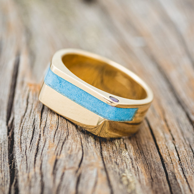 "MOSI" - FLAT TOP WEDDING BAND WITH A TURQUOISE INLAY & SIDE SET AMETHYST ACCENTS