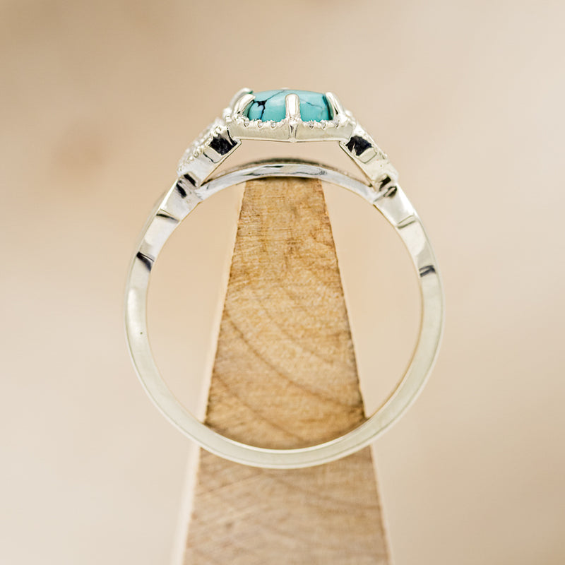"LUCY IN THE SKY" PETITE - ROUND CUT TURQUOISE ENGAGEMENT RING WITH DIAMOND ACCENTS & FIRE AND ICE OPAL INLAYS