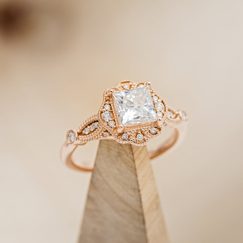 "EILEEN" - PRINCESS CUT MOISSANITE ENGAGEMENT RING WITH DIAMOND ACCENTS & TRACER