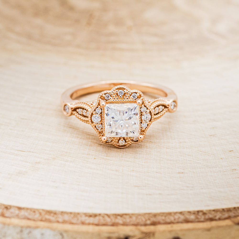 "EILEEN" - PRINCESS CUT MOISSANITE ENGAGEMENT RING WITH DIAMOND ACCENTS & TRACER-9