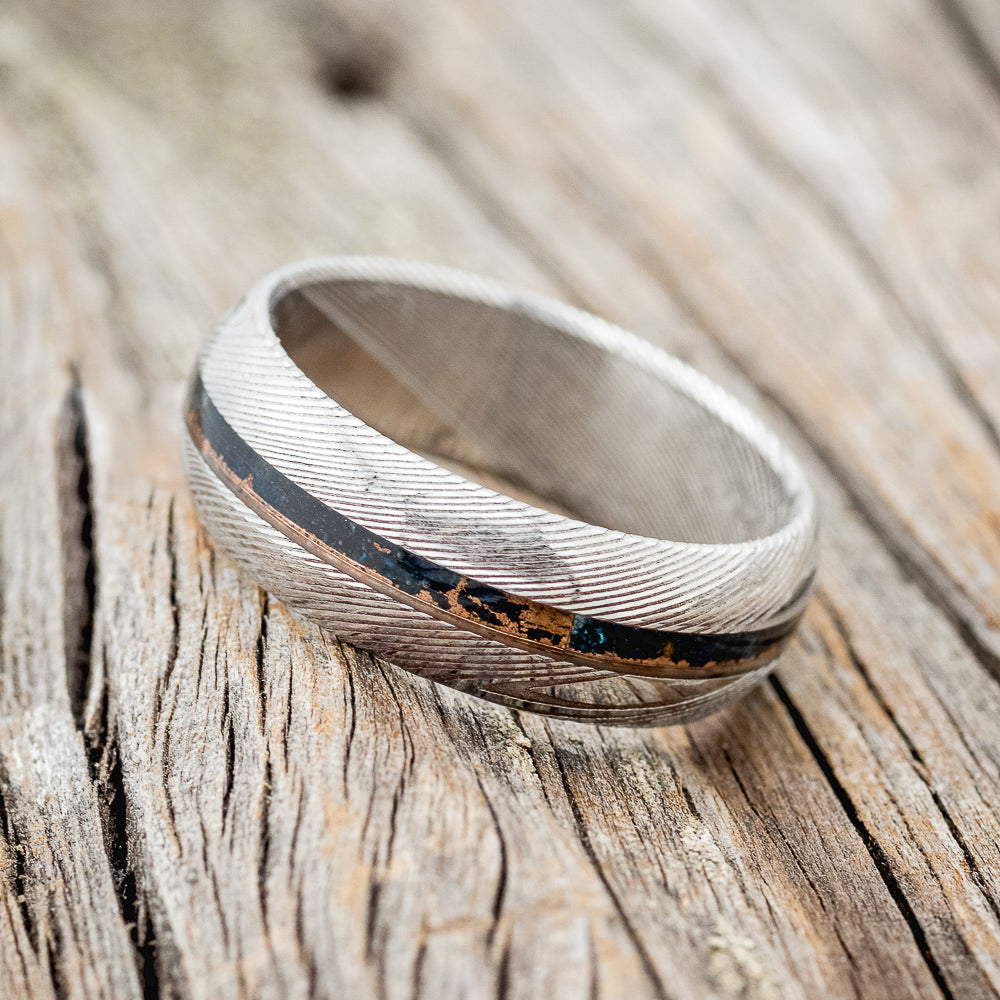 "NIRVANA" - DOMED DAMASCUS STEEL WEDDING BAND WITH PATINA COPPER INLAY-2
