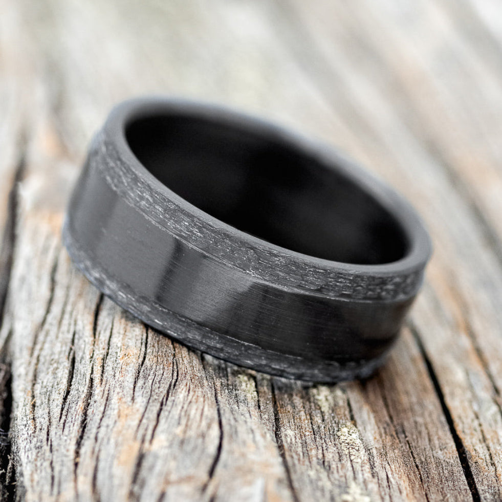 "SEDONA" - RAISED CENTER & HAMMERED EDGES WEDDING RING FEATURING A BLACK ZIRCONIUM BAND - READY TO SHIP-2