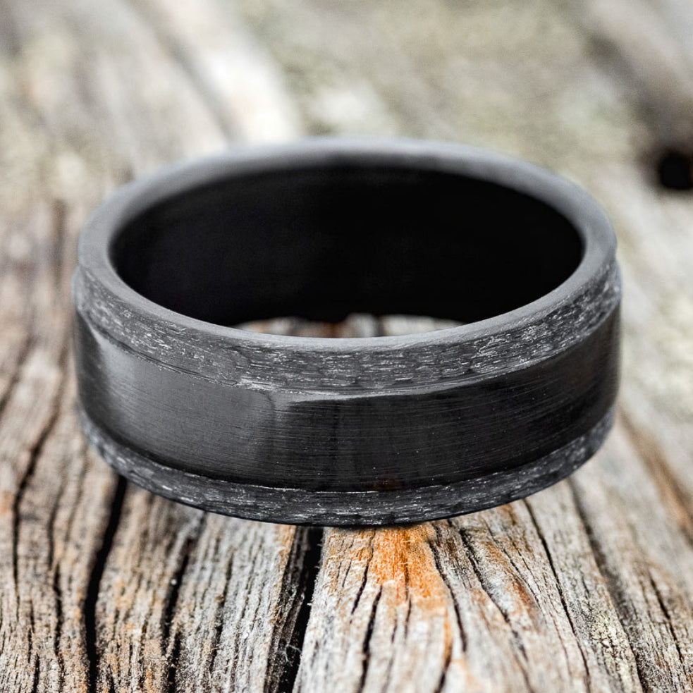 "SEDONA" - RAISED CENTER & HAMMERED EDGES WEDDING RING FEATURING A BLACK ZIRCONIUM BAND - READY TO SHIP-4