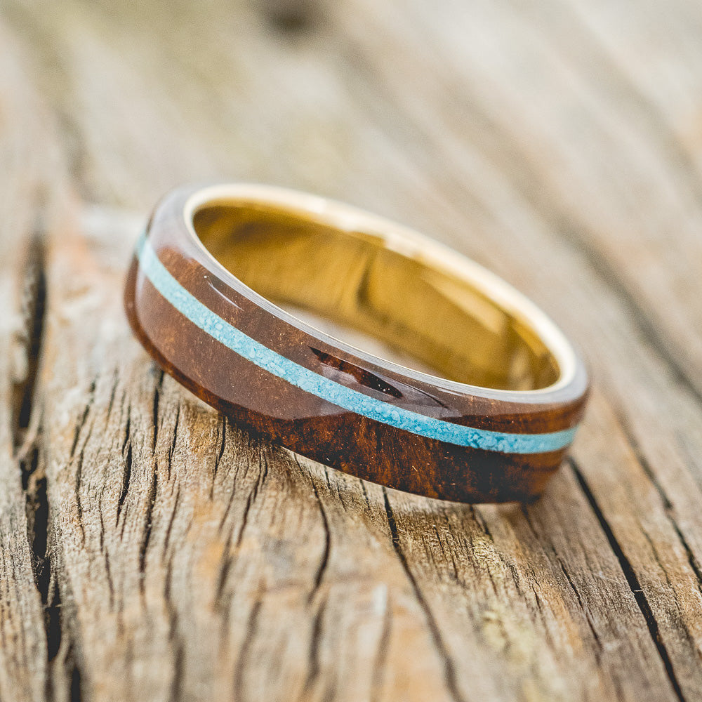 "REMMY" - REDWOOD & TURQUOISE WEDDING RING FEATURING A 14K GOLD BAND-2