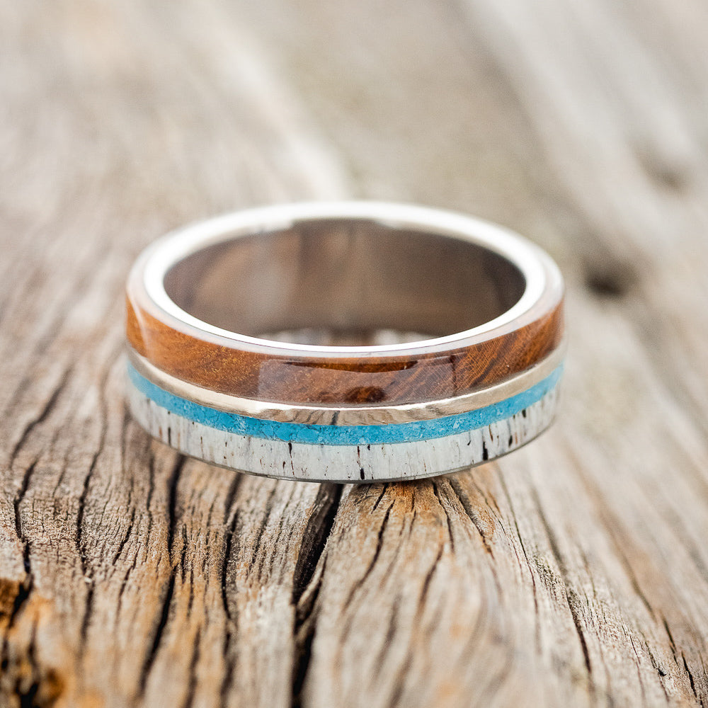 "ARGOS" - ANTLER, TURQUOISE, 14K GOLD & IRONWOOD WEDDING RING-3