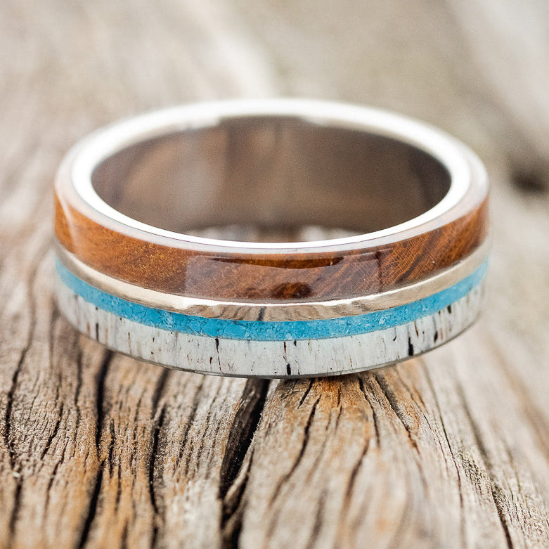 "ARGOS" - ANTLER, TURQUOISE, 14K GOLD & IRONWOOD WEDDING RING-3
