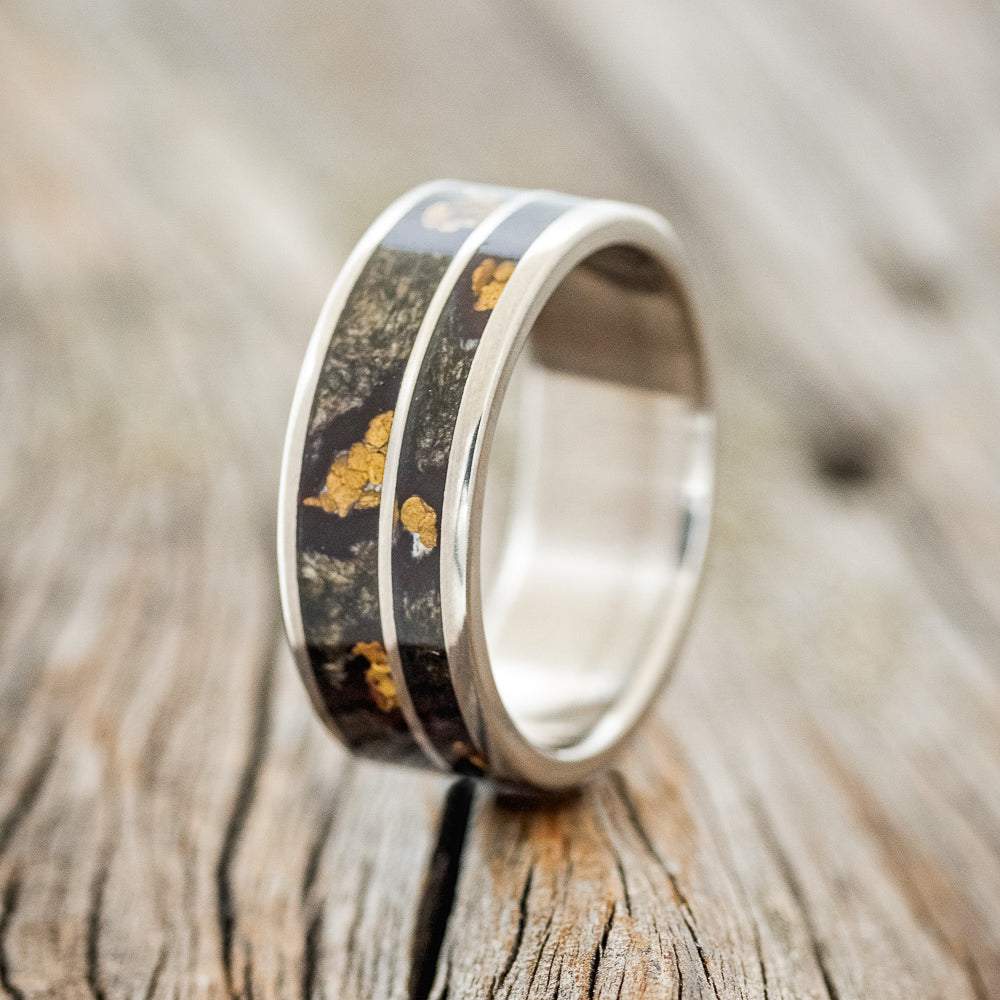 "RAPTOR" - BUCKEYE BURL WOOD WITH GOLD NUGGET INLAYS WEDDING RING-4