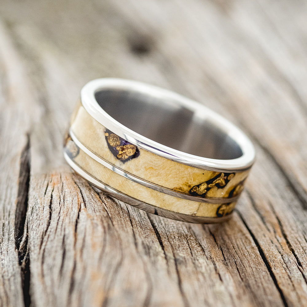 "RAPTOR" - BUCKEYE BURL WOOD WITH GOLD NUGGET INLAYS WEDDING RING-2