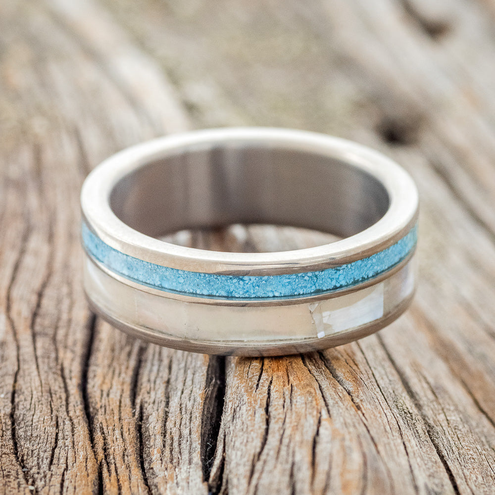 "RAPTOR" - MOTHER OF PEARL & TURQUOISE WEDDING BAND-3