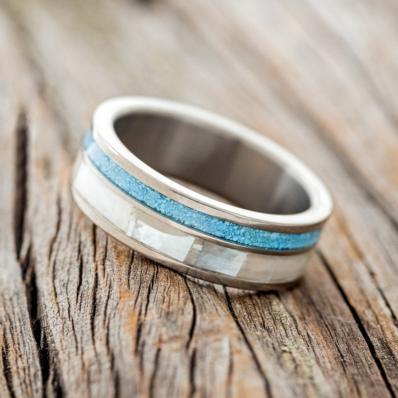 "RAPTOR" - MOTHER OF PEARL & TURQUOISE WEDDING BAND - READY TO SHIP