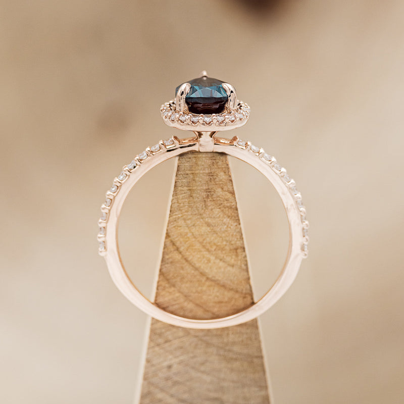 "IVARA" - PEAR-SHAPED LAB-GROWN ALEXANDRITE ENGAGEMENT RING WITH DIAMOND HALO & ACCENTS
