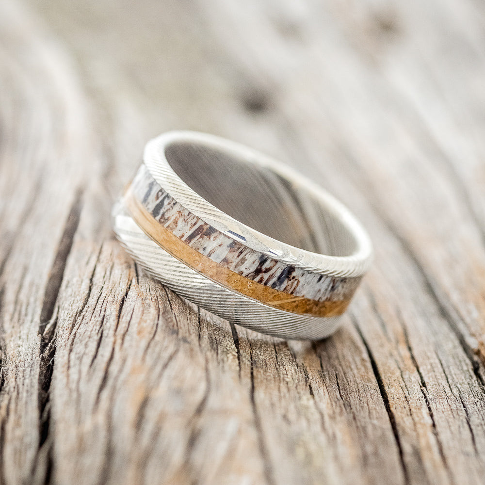 "TANNER" - WHISKEY BARREL OAK & ANTLER WEDDING RING - READY TO SHIP-5