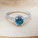 "OPHELIA" - ROUND CUT LAB-GROWN ALEXANDRITE ENGAGEMENT RING WITH DIAMOND HALO & ACCENTS