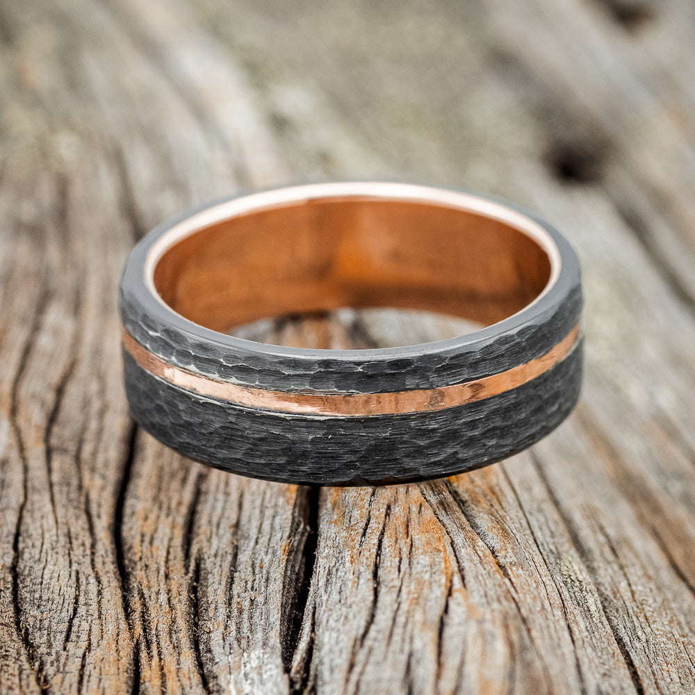 HAMMERED BLACK ZIRCONIUM & 14K GOLD INLAY WEDDING RING FEATURING A 14K GOLD BAND-3