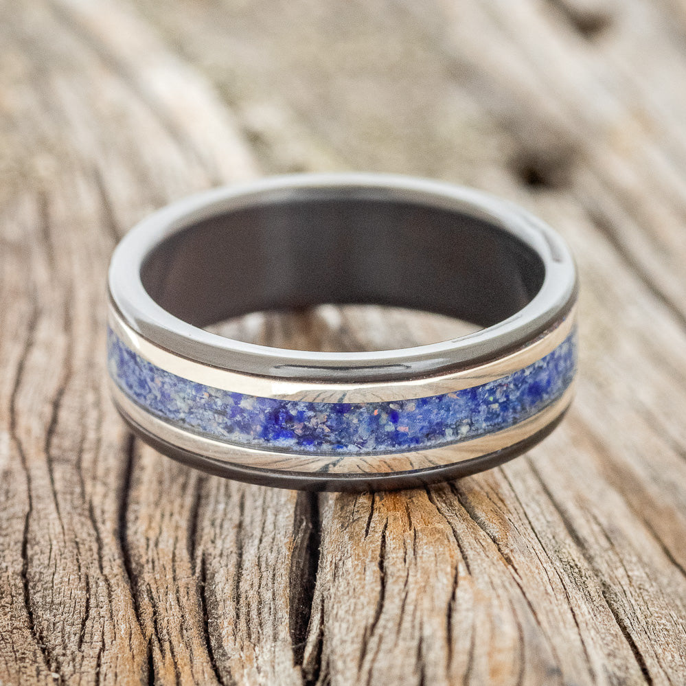 "HOLLIS" - LAPIS LAZULI & OPAL MIXTURE WITH 14K GOLD INLAYS WEDDING RING-3