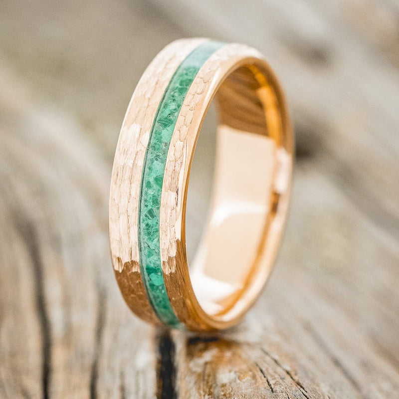 "VERTIGO" - MALACHITE WEDDING RING FEATURING A HAMMERED 14K GOLD BAND-1