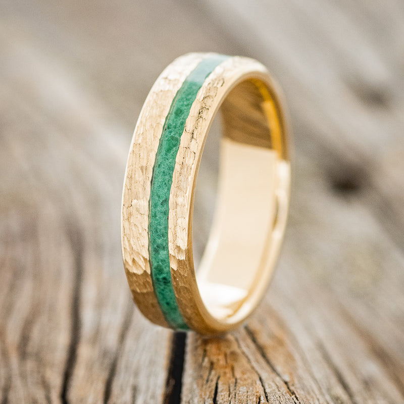 "VERTIGO" - MALACHITE WEDDING RING FEATURING A HAMMERED 14K GOLD BAND-4