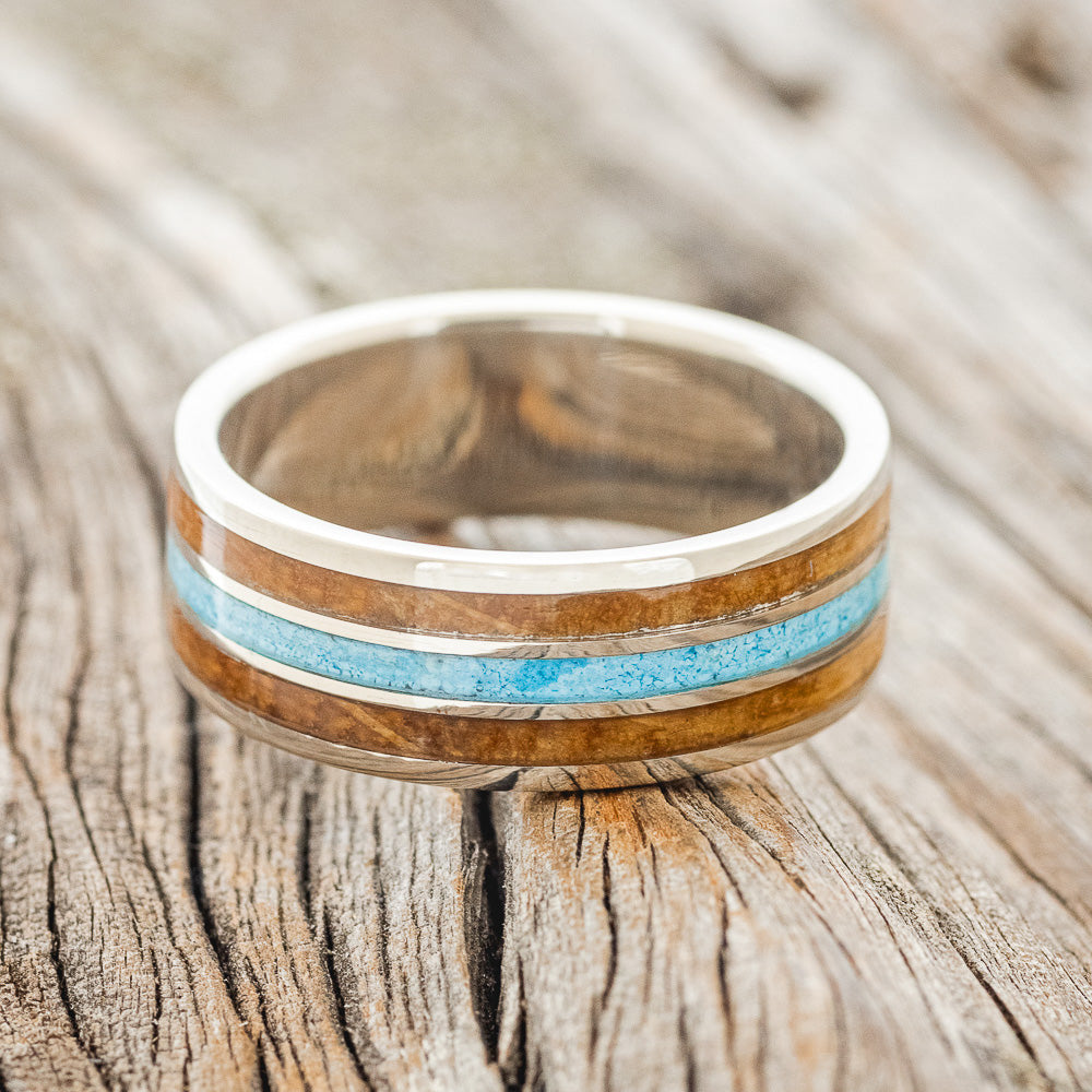 "RIO" - WHISKEY BARREL OAK & TURQUOISE WEDDING RING FEATURING A 14K GOLD BAND-3