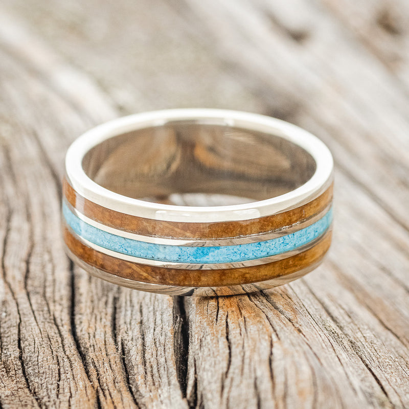 "RIO" - WHISKEY BARREL OAK & TURQUOISE WEDDING RING FEATURING A 14K GOLD BAND