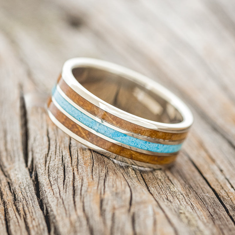 "RIO" - WHISKEY BARREL OAK & TURQUOISE WEDDING RING FEATURING A 14K GOLD BAND
