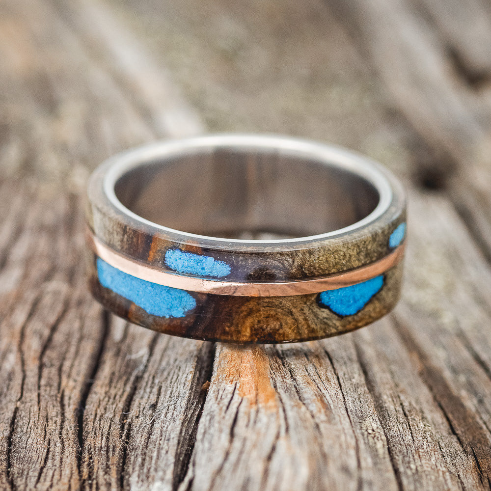 "GOLDEN" - BUCKEYE BURL WOOD & TURQUOISE WEDDING BAND WITH 14K GOLD INLAY-3