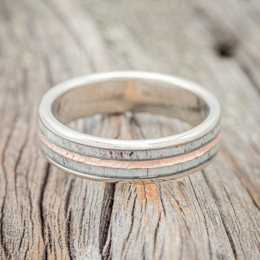 "DYAD" - ELK ANTLER WEDDING BAND WITH A HAMMERED 14K GOLD INLAY-3