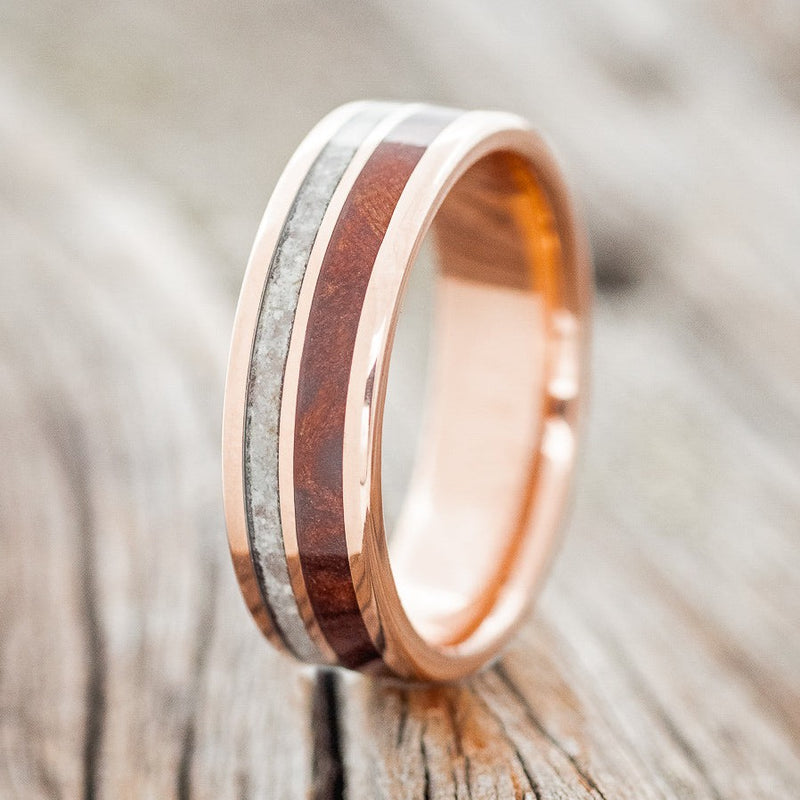 "RAPTOR" - REDWOOD & GRANITE WEDDING RING FEATURING A 14K GOLD BAND-1