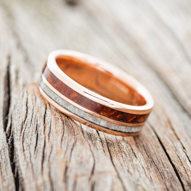 "RAPTOR" - REDWOOD & GRANITE WEDDING RING FEATURING A 14K GOLD BAND-2